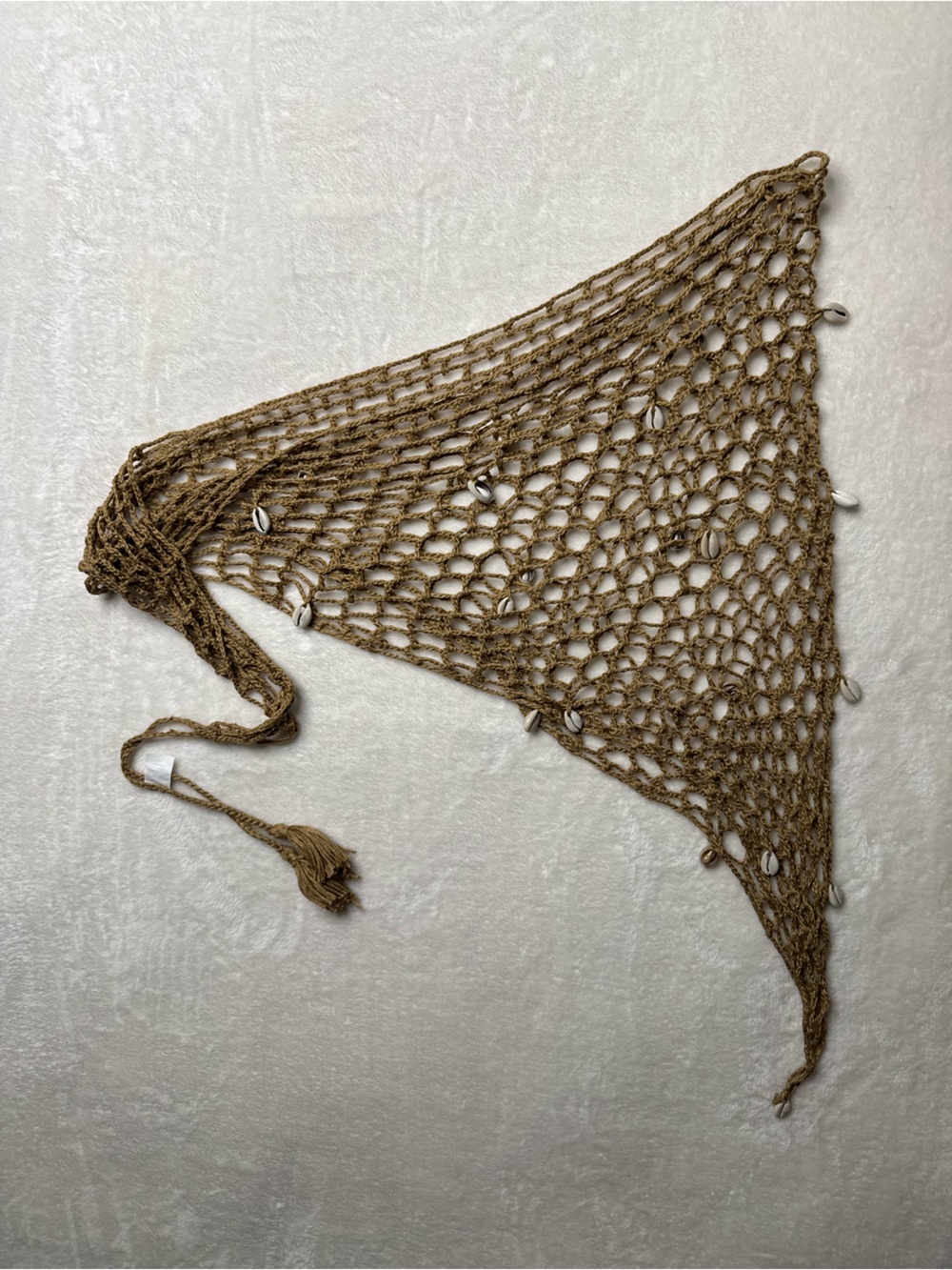 Crocheted Fishnet Triangle Hip Scarf Brown Cowrie Shell Beach Cover Up Onesize